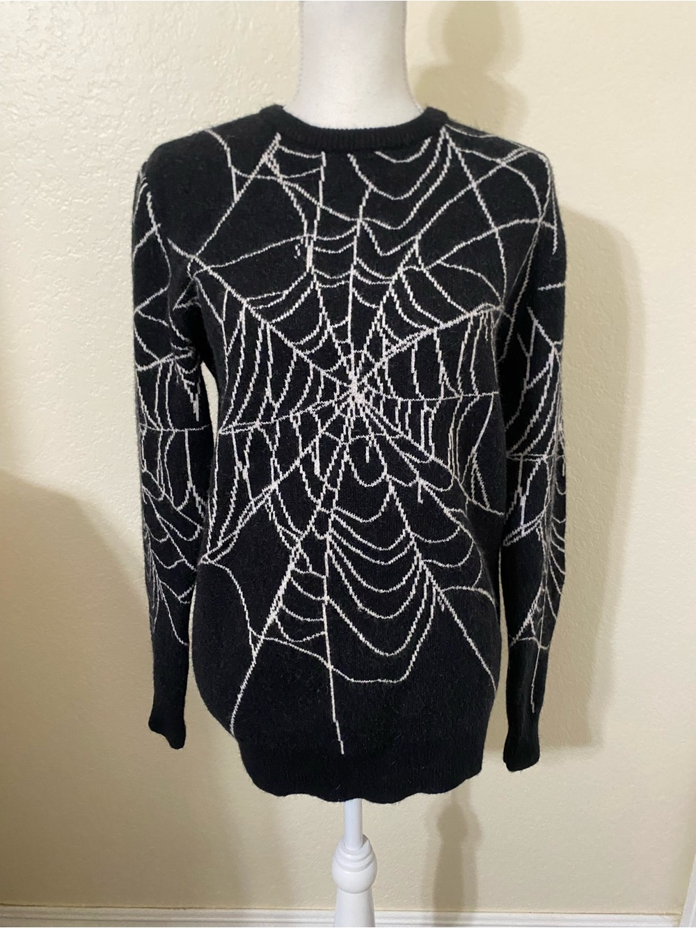 Black Crewneck Sweater with White Spiderweb Motif
